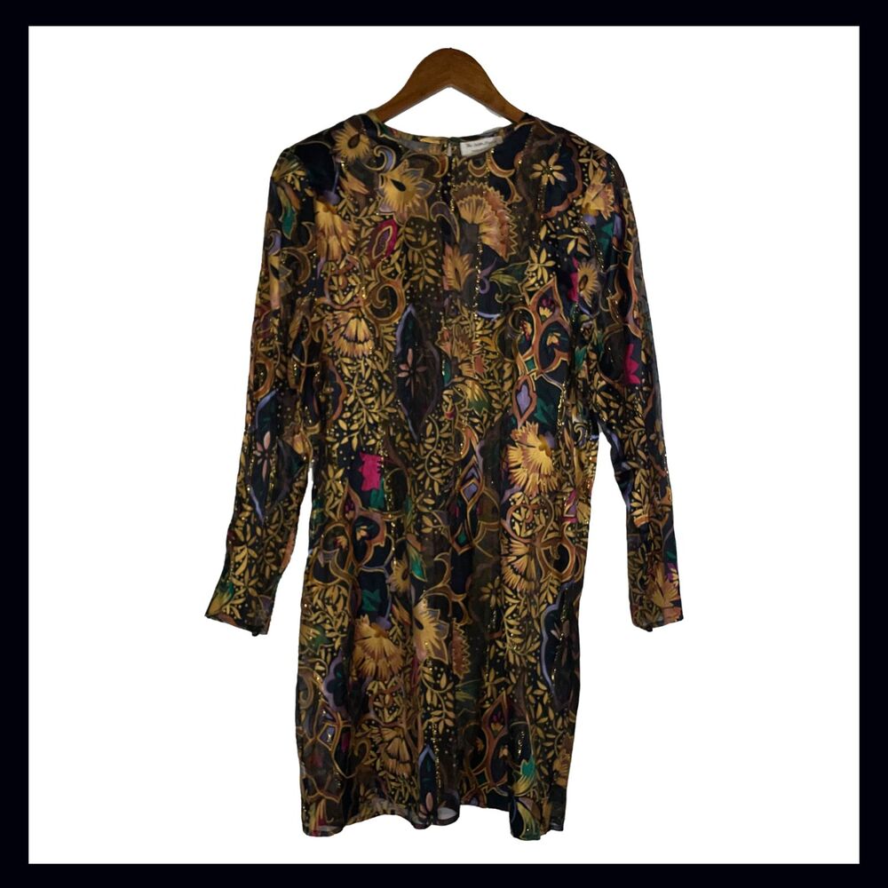 Vintage The Silk Farm Jewel Tone Floral Dress Size 14 Baroque Sheer Cocktail